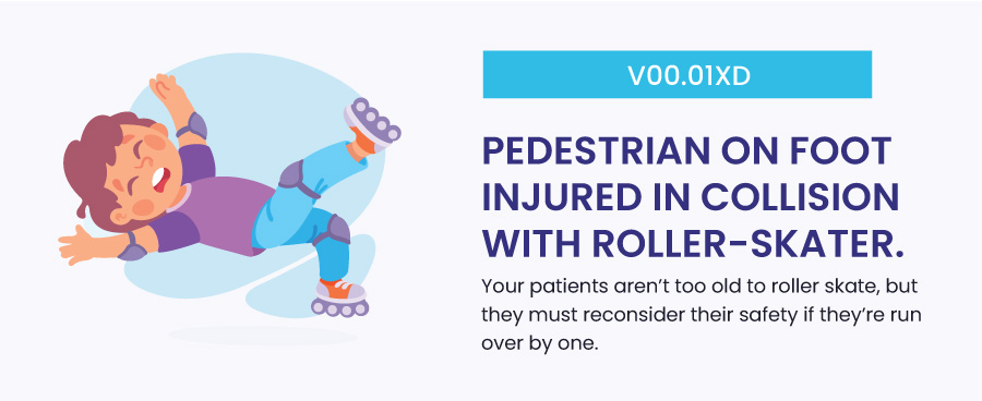 V00.01XD: Pedestrian on foot injured in collision with roller-skater, subsequent encounter funny icd 10 code